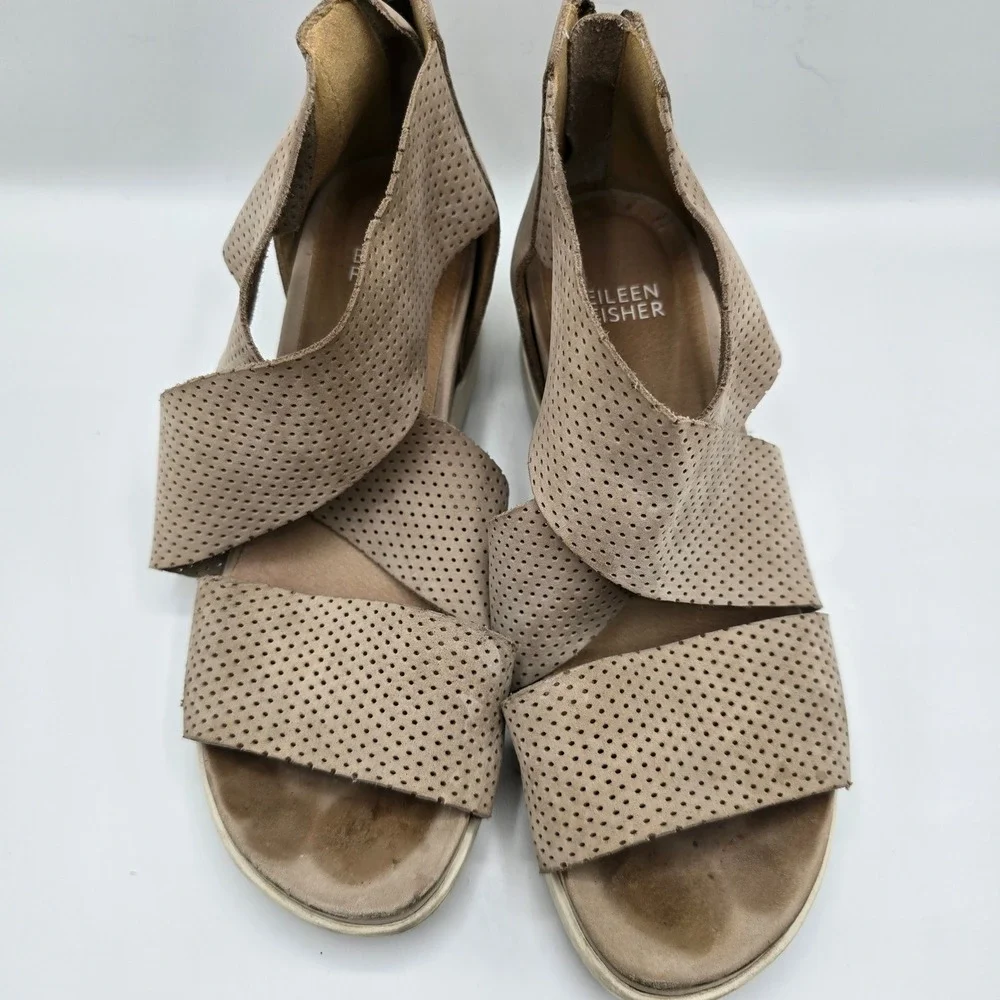 Eileen Fisher Wedge Sandals Perforated Leather‎ Taupe Zip Up Women's Shoes 7